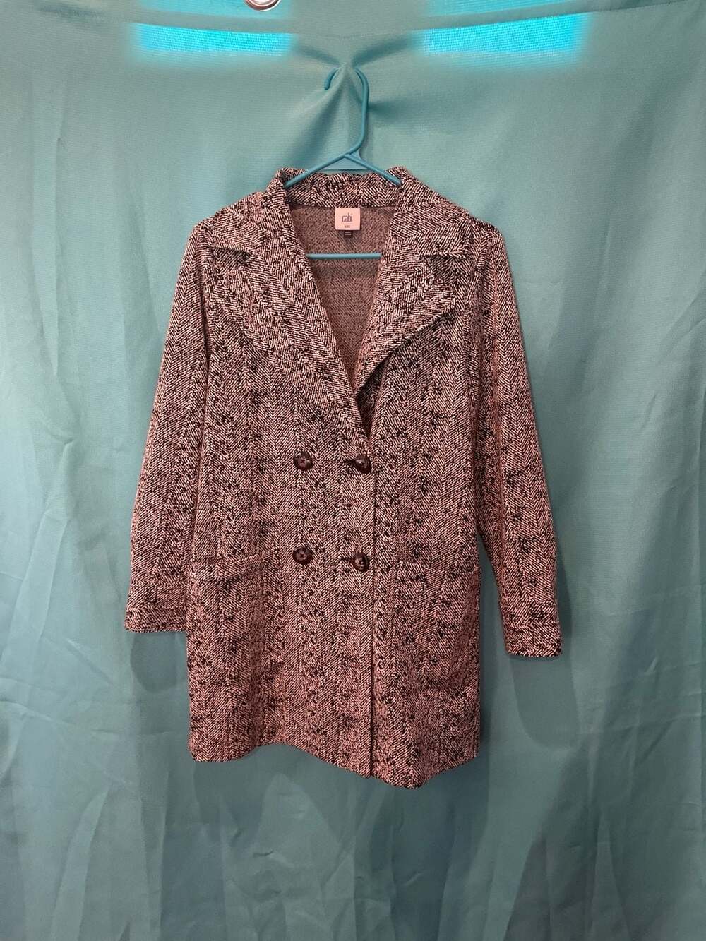 Cabi Black and White Herringbone Double Breasted Tweed Coat - Size XXS
